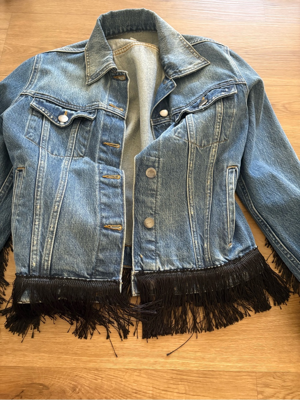 Frame Denim Blue Denim Jacket with Black Fringe Hem